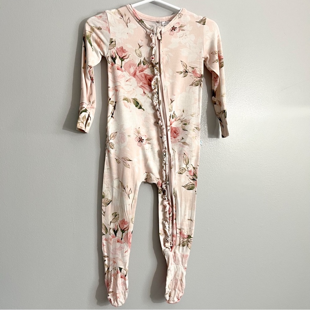 Pink Floral Rufflebum Bamboo Sleeper - Size 12-18 months